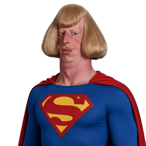 SUPERJEAN — a lanky man with a blonde bowl cut and mustache in a Superman suit